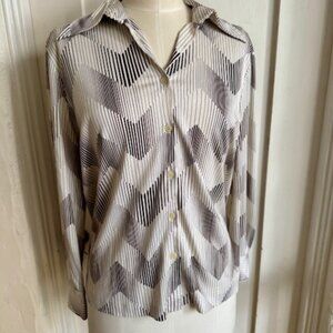 Vintage 1970s White and Brown Striped Polyester Shirt Size Large